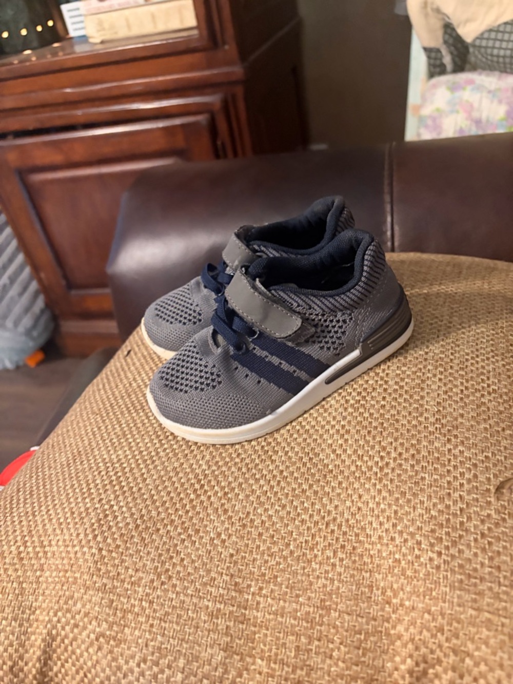 Kids Grey and Navy Lightweight Slip-On Sneakers with Strap